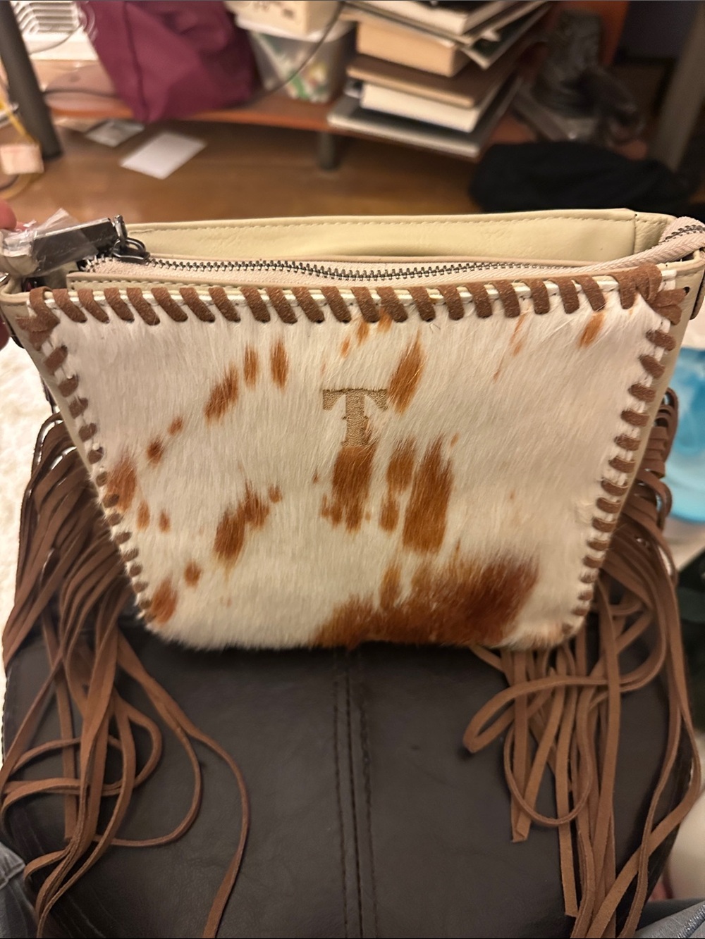 Cowhide Fringe Crossbody Bag in White and Brown